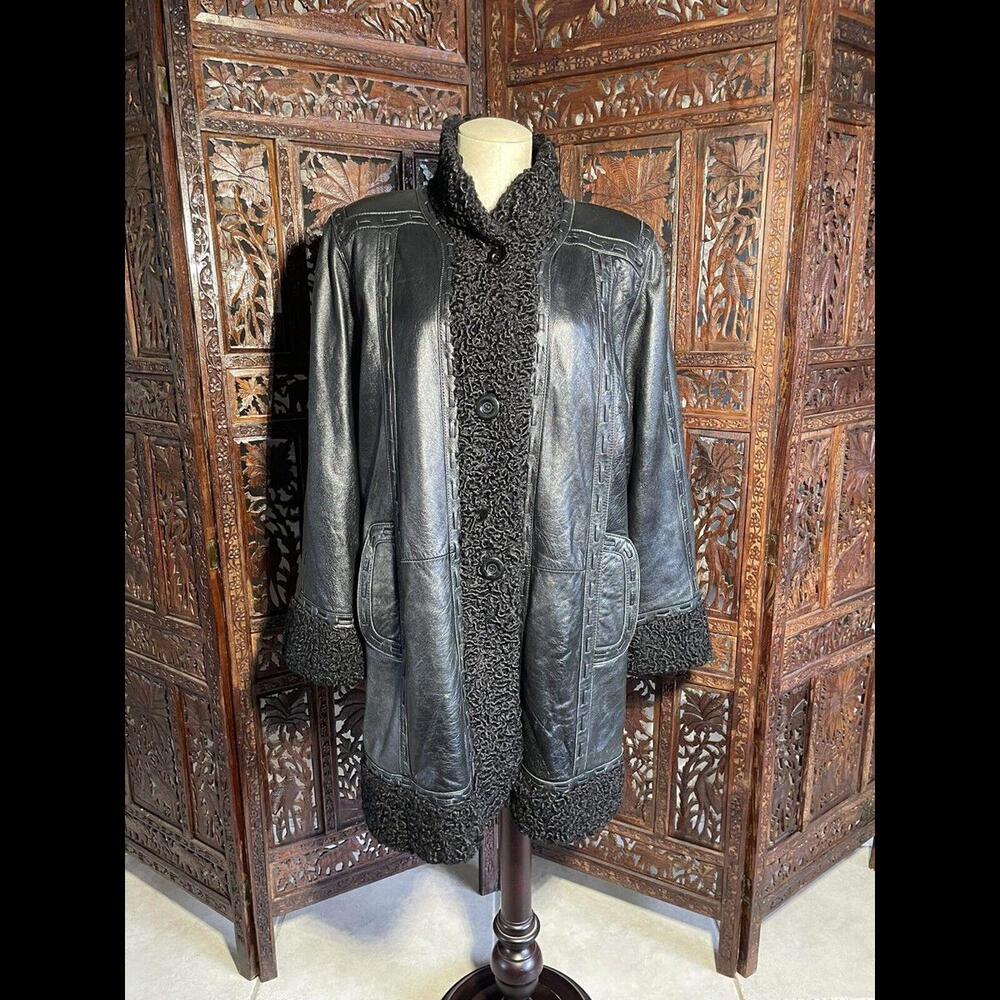 Vtg Black Lamb Skin Leather Coat W Persian Lamb Trim Whip Stitch Detail Size Lg